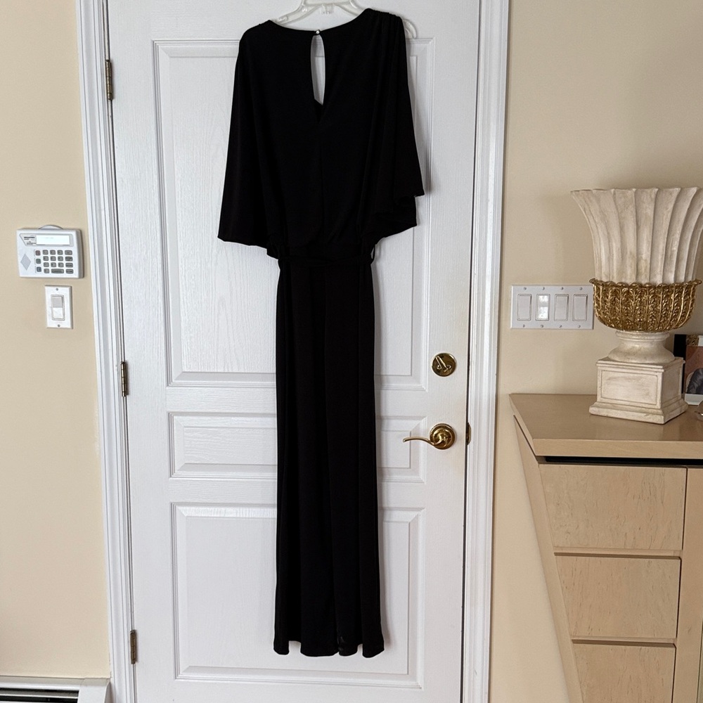 Cache BlackJumpsuit V neck cold shoulder embellished sleeve  shoulder belt